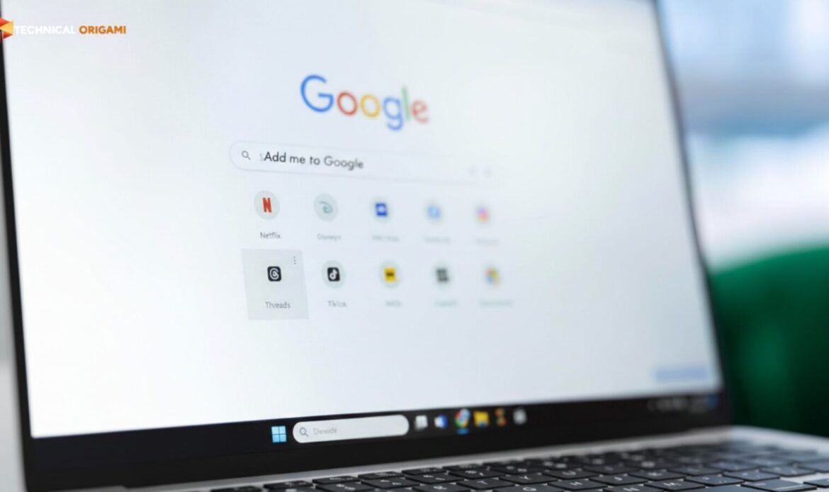 Tech Origami guide showing how to use the Add Me to Search Google feature with a magnifying glass over the search bar.