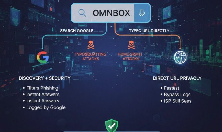 Infographic showing the pros and cons of search or type web address entries including privacy and typosquatting risks.